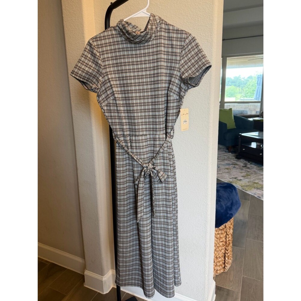 BeBop Gray Plaid Midi Jumpsuit with Turtleneck and Waist Tie M